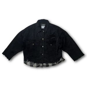 Dark wash black white flannel denim jacket